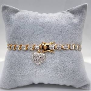 Diamond Illusion S-Bar Link Tennis Bracelet Dangling Heart Charm