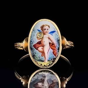 RARE ANTIQUE ESTATE Ring Colorful Highly Detailed Enamel Cherub Angel Heavenly Renaissance in 18k Yellow Gold VIDEO