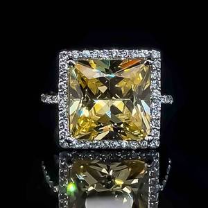 Large Fancy Yellow &amp White Cubic Zirconia Square Radiant Halo Statement Ring