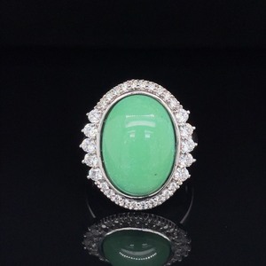 925 Sterling Silver Halo  Oval ( Green Apple Color) Aventurine Cabochon Ring - Large Fashion Statement