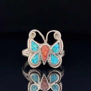 925 Sterling Silver Handmade Butterfly Turquoise and Red Coral Chip Inlay Ring