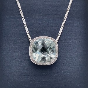 925 Sterling Silver Cushion Cut Aqua Color & Diamond Halo Style Necklace - MUST SEE