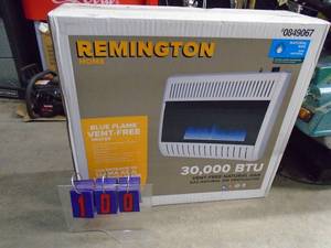 lot 100 image: New in box Remington 30000 btu natural gas vent free heater. As shown.