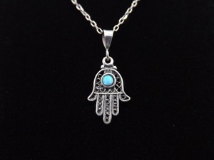 lot 8 image: .925 Sterling Silver Opal Cabochon Hamsa Pendant Necklace