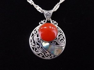 lot 21 image: .925 Sterling Silver Red Coral and Blue Abalone&nbspPendant&nbspNecklace