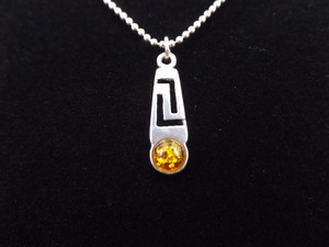 lot 24 image: .925 Sterling Silver Yellow Amber Cabochon Greek Key Pendant&nbspNecklace