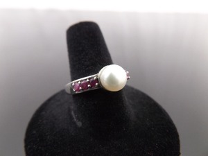 lot 69 image: .925 Sterling Silver Genuine Pearl and Ruby Ring Size 8