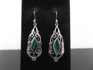 lot 92 image: .925 Sterling Silver Inlayed Malachite Dangle Hook Earrings