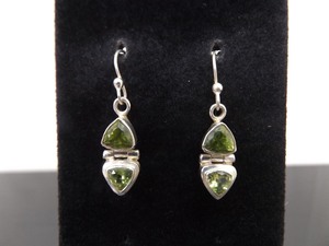 lot 94 image: .925 Sterling Silver Trillion Cut Peridot Hinged Dangle Hook Earrings
