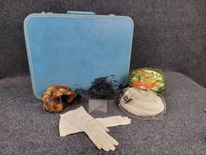 lot 1140 image: Lot of (4) Vintage Hats, Ladies Gloves, and Towncraft Suitcase