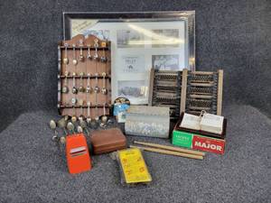 lot 1157 image: Large Lot of Misc. Treasures - Collage Frame, Boot Brush, Collector Spoons, 1967 Calendar (Matches up with 2023), and MORE - NO SHIPPING