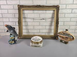 lot 1020 image: Antique Frame and (3) Liquor Decanters - NO SHIPPING