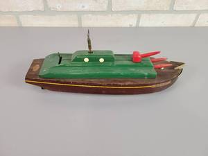 lot 1042 image: 1930s Liberty Playthings Scout Wood Wind-Up Toy Boat - WORKS