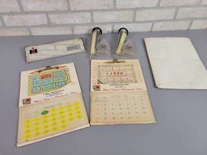 lot 1081 image: Vintage IH Advertising Mirror (Good Thunder, MN), (2) Rain Gauges (Lewisville, MN), 1974 James Hardware Calendar (Lake Crystal, MN) and 1975 Hanover Hardware (Hanover, MN)