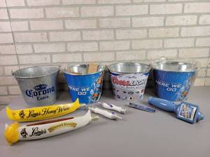 lot 1196 image: Collection of Galvanized Buckets and Tap Handles - Leinies, Corona, Bud Light, Coors Light and Busch