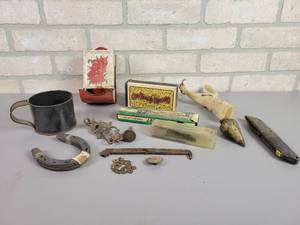 lot 1231 image: Vintage Tools, Plumb Bob, matchstick holder and More