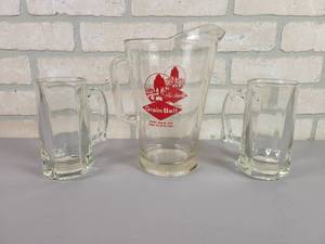 lot 1233 image: Vintage Glass Grain Belt Beer Pitcher and (2) Heavy Glass Beer Mugs