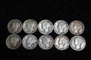 lot 43 image: 10 - US Mercury Silver Dime Coins