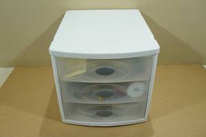 lot 213 image: 3-Drawer Storage Bin with Electrical Tools and Parts - Batteries