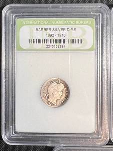3 SLABBED COINS 2 X BARBER DIMES & A WWII SILVER WAR NICKEL