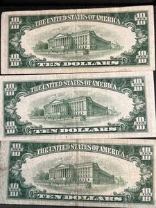 GROUP OF 3 US 1950 (A-B-C) $10 FEDERAL RESERVE NOTES 50A 50B 50C