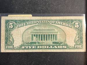 1928 US RED SEAL $5 TREASURY NOTE