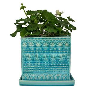 2 Pack Square Ceramic Planter 8 Inch Aqua Seven Seas Design With Attached Saucer Blue