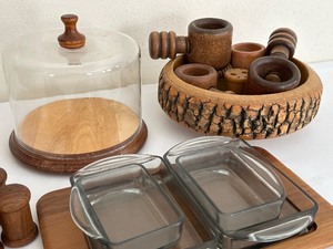 lot 50 image: Vintage Serving Pieces including Teak Salt and Pepper Shakers