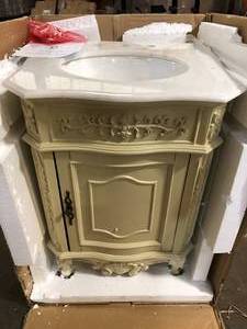Winslow 26 in. W x 22 in. D Bath Vanity in Antique White with Vanity Top in White Marble with White Basin by Home Decorators Collection Customer Returns See Pictures