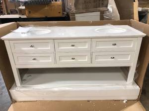 Austell 67 in. W Double Bath Vanity in White with Natural Marble Vanity Top in White by Home Decorators Collection Customer Returns See Pictures