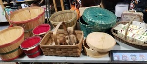 Large Lot Of Bushel Baskets, Wood Blocks & Decor