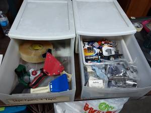 2-Drawer Bins With Tape & Tape Guns And Batteries (Expired Date) & Tester