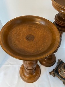 lot 9 image: Vintage Wood Turned Large Pillar Candle Holders and Metal Candle Holder