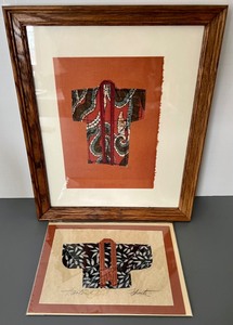 lot 111 image: Framed Artisan Made Kimono Cards and Vases