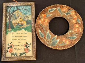 lot 175 image: Vintage Motto Print, Carved Wood Figurines, Art, Candles