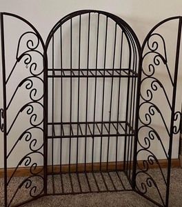 lot 235 image: Vintage Wrought Iron Shelving Unit with Doors, Cast Iron Frog & Birdhouse