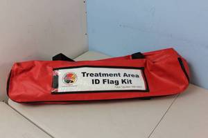 lot 4 image: Disaster Management Systems #DMS-05012 Treatment Area Flag Kit (1)Red, Immediate Flag, (1) Yellow, Delayed Flag, (1) Green, Minor Flag, (1) Black, Morgue Flag, (4) Fold-Up Tripod Bases, (4) Telescopic Poles, (1)Durable Carry Bag