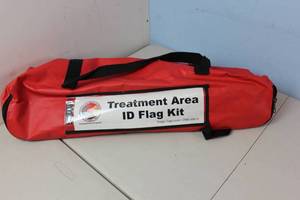 lot 5 image: Disaster Management Systems #DMS-05012 Treatment Area Flag Kit (1)Red, Immediate Flag, (1) Yellow, Delayed Flag, (1) Green, Minor Flag, (1) Black, Morgue Flag, (4) Fold-Up Tripod Bases, (4) Telescopic Poles, (1)Durable Carry Bag
