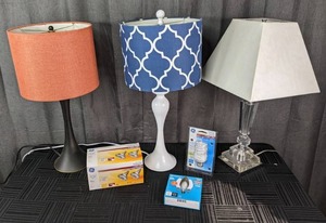 (3) Table Lamps with Colored Shades, General Electric Halogen Indoor Outdoor Flood Light Bulbs, EcoSmart LED Bulbs, and General Electric Post Light Bulb