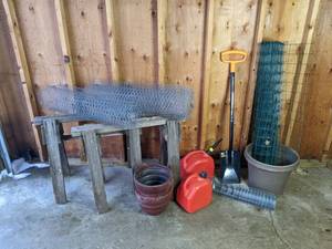 Gas Cans, Fencing Wire, Planters, Set of Saw Horses and More