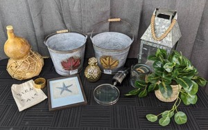 Green Houseplant, Set of (2) Maple Leaf Metal Buckets, Horn Magnifying Glass, Galvanized Lantern, Etc.