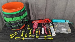 Bucket & Bucket Tool Organizer, Craftsman 12-In Hack Saw, Screw & Flat Head Drivers, Screw Driver Bit Set, Husky Cutting Pliers, Acrylic Latex Caulk, Hand Rake, Trowel, and More