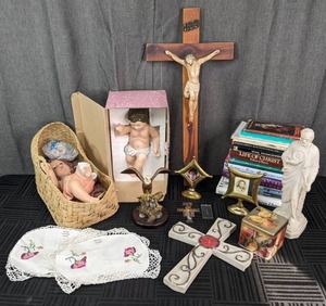 Baby Jesus Nativity Statues, Saint Jude Religious Statue, Crucifix, Life of Christ, Looking for Mary, Mother Teresa Books, Etc.