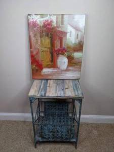 Canvas Flower Wall Art and Rustic Blue End Table