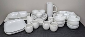 31-Piece Threshold Porcelain & IKEA White Dinnerware Set Bowls, Square Plates, Mugs, Dinner Plates, Pitcher, Etc.