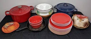 22-Piece Kitchenware White Colander, Red Dutch Oven, Cast Iron Skillet, Stock Pot with Lid, Red Dinner Plates & Bowls, Pumpkin & Owl Dishes and Wood Serving Bowl
