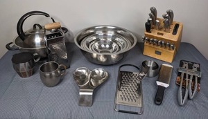 Chicago Cutlery Knife Block Set, Stainless Steel Mixing Bowl Set, Double Spoon Rest, Stainless Steel Box & Flat Grater, Locking Tongs, Measuring Cups and More