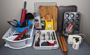 Assortment of Dish Drainer Rack & Tray, Rolling Pin, Ladles, Spoons, Forks, White Westinghouse Mixer, Measuring Cups, Cutting Board, Baking Pans, Muffin Tins, Utensil Storage Organizer and More