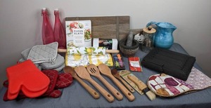 Oven Mitts, (2) Pink Glass Carafes, Clean Slate Cookbook Guide, OXO Wooden Utensils, Stone Mortar & Pestle, Wine Bottle Stoppers, Blue Pitcher and More