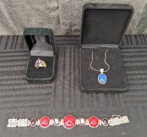 Vintage Sterling Silver Lapis Lazuli Pendant Necklace, Red Stone Bracelet and Light Purple Stone Ring
